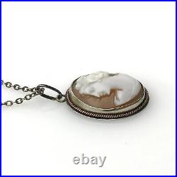 Antique Victorian Sterling Silver Hand Carved Shell Cameo Pendant Necklace 16