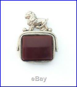Antique Victorian Sterling Silver Hand Chased Carnelian Lion Swivel Fob Charm