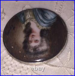 Antique Victorian Sterling Silver Hand Painted Portrait Cameo Brooch Pin