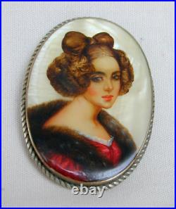 Antique Victorian Sterling Silver Hand Painted Portrait on MOP Brooch Signed