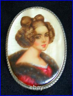 Antique Victorian Sterling Silver Hand Painted Portrait on MOP Brooch Signed