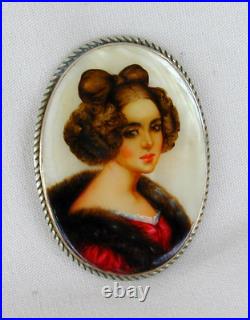 Antique Victorian Sterling Silver Hand Painted Portrait on MOP Brooch Signed