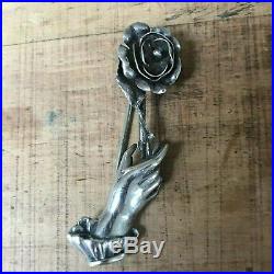 Antique Victorian Sterling Silver Hand and Rose Mourning Brooch 5.35g