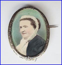 Antique Victorian Sterling Silver Portrait Brooch hand tinted photograph French
