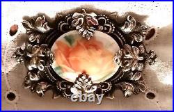 Antique Victorian Sterling Silver Rose Oak Leaf Brooch Hand Painted Ornate Vtg