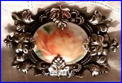 Antique Victorian Sterling Silver Rose Oak Leaf Brooch Hand Painted Ornate Vtg