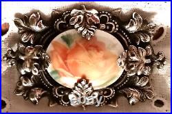 Antique Victorian Sterling Silver Rose Oak Leaf Brooch Hand Painted Ornate Vtg