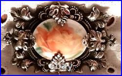 Antique Victorian Sterling Silver Rose Oak Leaf Brooch Hand Painted Ornate Vtg