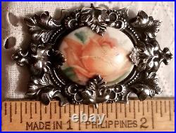 Antique Victorian Sterling Silver Rose Oak Leaf Brooch Hand Painted Ornate Vtg
