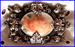 Antique Victorian Sterling Silver Rose Oak Leaf Brooch Hand Painted Ornate Vtg
