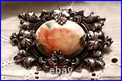 Antique Victorian Sterling Silver Rose Oak Leaf Brooch Hand Painted Ornate Vtg