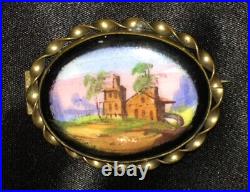 Antique Victorian Sterling Silver Rose Oak Leaf Brooch Hand Painted Ornate Vtg