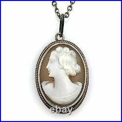 Antique Victorian Sterling Silver Shell Cameo Pendant Necklace 16 L Beautiful