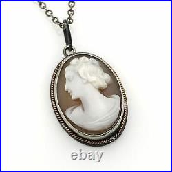 Antique Victorian Sterling Silver Shell Cameo Pendant Necklace 16 L Beautiful