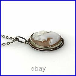 Antique Victorian Sterling Silver Shell Cameo Pendant Necklace 16 L Beautiful