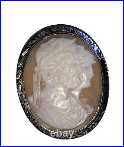 Antique Victorian Sterling Silver Zeus & Hera Hand Carved Shell Cameo Brooch