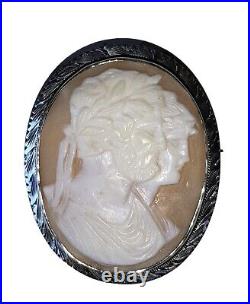 Antique Victorian Sterling Silver Zeus & Hera Hand Carved Shell Cameo Brooch