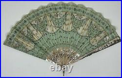 Antique! Victorian Style HAND FAN w Sequin GREEN Lace Mother of Pearl Spokes