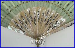 Antique! Victorian Style HAND FAN w Sequin GREEN Lace Mother of Pearl Spokes