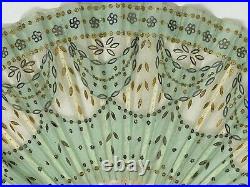 Antique! Victorian Style HAND FAN w Sequin GREEN Lace Mother of Pearl Spokes