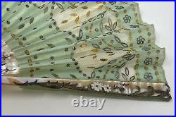 Antique! Victorian Style HAND FAN w Sequin GREEN Lace Mother of Pearl Spokes