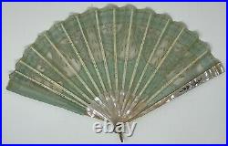 Antique! Victorian Style HAND FAN w Sequin GREEN Lace Mother of Pearl Spokes
