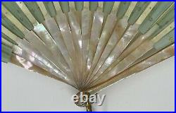 Antique! Victorian Style HAND FAN w Sequin GREEN Lace Mother of Pearl Spokes