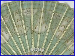 Antique! Victorian Style HAND FAN w Sequin GREEN Lace Mother of Pearl Spokes