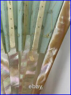 Antique! Victorian Style HAND FAN w Sequin GREEN Lace Mother of Pearl Spokes