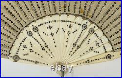 Antique! Victorian Style HAND FAN with Sequin & White Lace Beautiful Bone Spokes