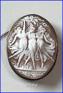 Antique Victorian Three Graces Hand Carved Shell / 800 Silver Cameo Brooch