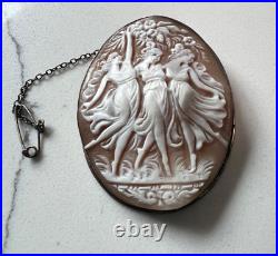 Antique Victorian Three Graces Hand Carved Shell / 800 Silver Cameo Brooch