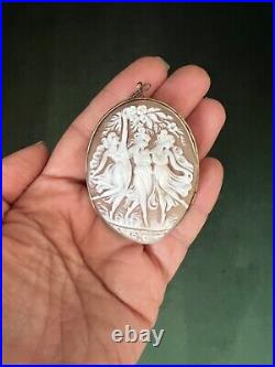 Antique Victorian Three Graces Hand Carved Shell / 800 Silver Cameo Brooch
