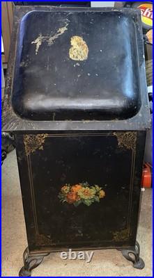 Antique Victorian Toleware Hand Painted Ornate Coal Scuttle Fireplace Ash Bin
