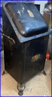 Antique Victorian Toleware Hand Painted Ornate Coal Scuttle Fireplace Ash Bin