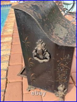 Antique Victorian Toleware Hand Painted Ornate Coal Scuttle Fireplace Ash Bin