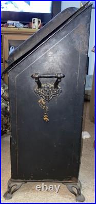 Antique Victorian Toleware Hand Painted Ornate Coal Scuttle Fireplace Ash Bin