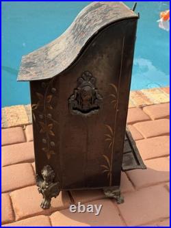 Antique Victorian Toleware Hand Painted Ornate Coal Scuttle Fireplace Ash Bin