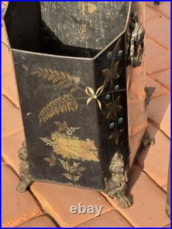Antique Victorian Toleware Hand Painted Ornate Coal Scuttle Fireplace Ash Bin