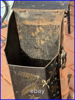 Antique Victorian Toleware Hand Painted Ornate Coal Scuttle Fireplace Ash Bin