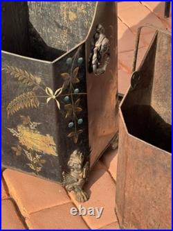 Antique Victorian Toleware Hand Painted Ornate Coal Scuttle Fireplace Ash Bin