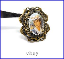 Antique Victorian Unique Brass Tone Hand Painted Lady Portrait Brooch 5.9g CP22