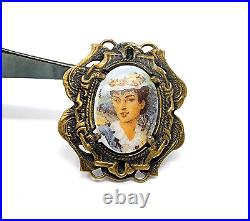 Antique Victorian Unique Brass Tone Hand Painted Lady Portrait Brooch 5.9g CP22