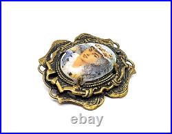 Antique Victorian Unique Brass Tone Hand Painted Lady Portrait Brooch 5.9g CP22