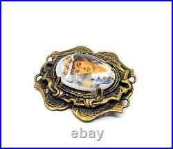 Antique Victorian Unique Brass Tone Hand Painted Lady Portrait Brooch 5.9g CP22