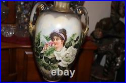 Antique Victorian Vase Converted Lamp Hand Painted Woman Smelling Flowers Signed