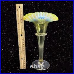 Antique Victorian Vaseline Art Glass Vase Opalescent Ruffles Hand Blown 365 UV G