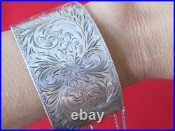 Antique Victorian WIDE Hand Etched Flower Floral Sterling by WRJ Bracelet 65g