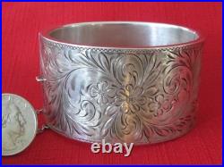 Antique Victorian WIDE Hand Etched Flower Floral Sterling by WRJ Bracelet 65g