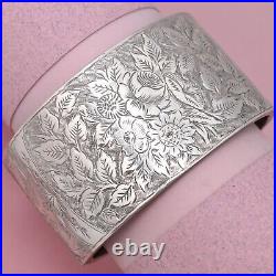 Antique Victorian WIDE Hand Etched Flower Rose Daisy Sterling Silver Bracelet